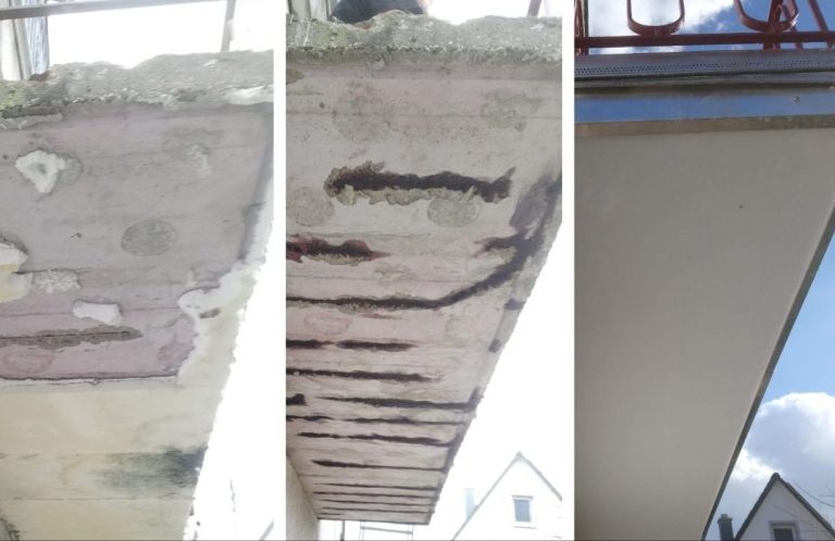Drei von mehreren Schritte einer Balkonsanierung und Betonsanierung.